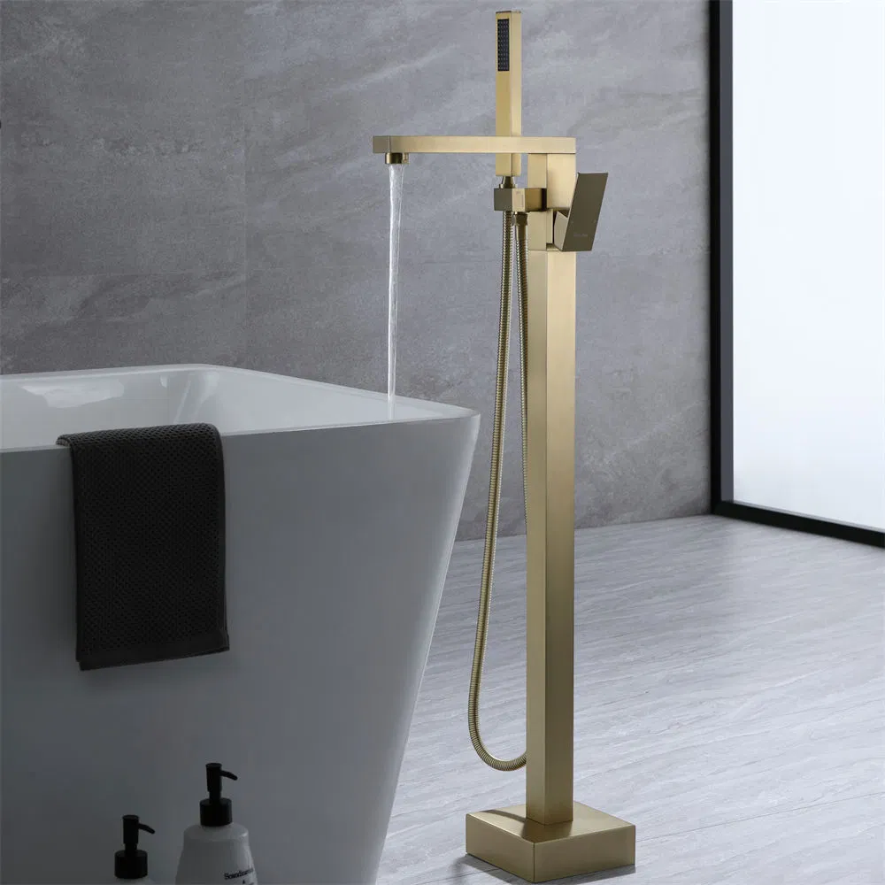 Floor Standing Brushed Gold Brass Tub Faucet Mixer